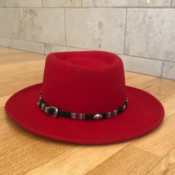 Vintage Red Felt Boho Southwestern Wide Brim Hat
